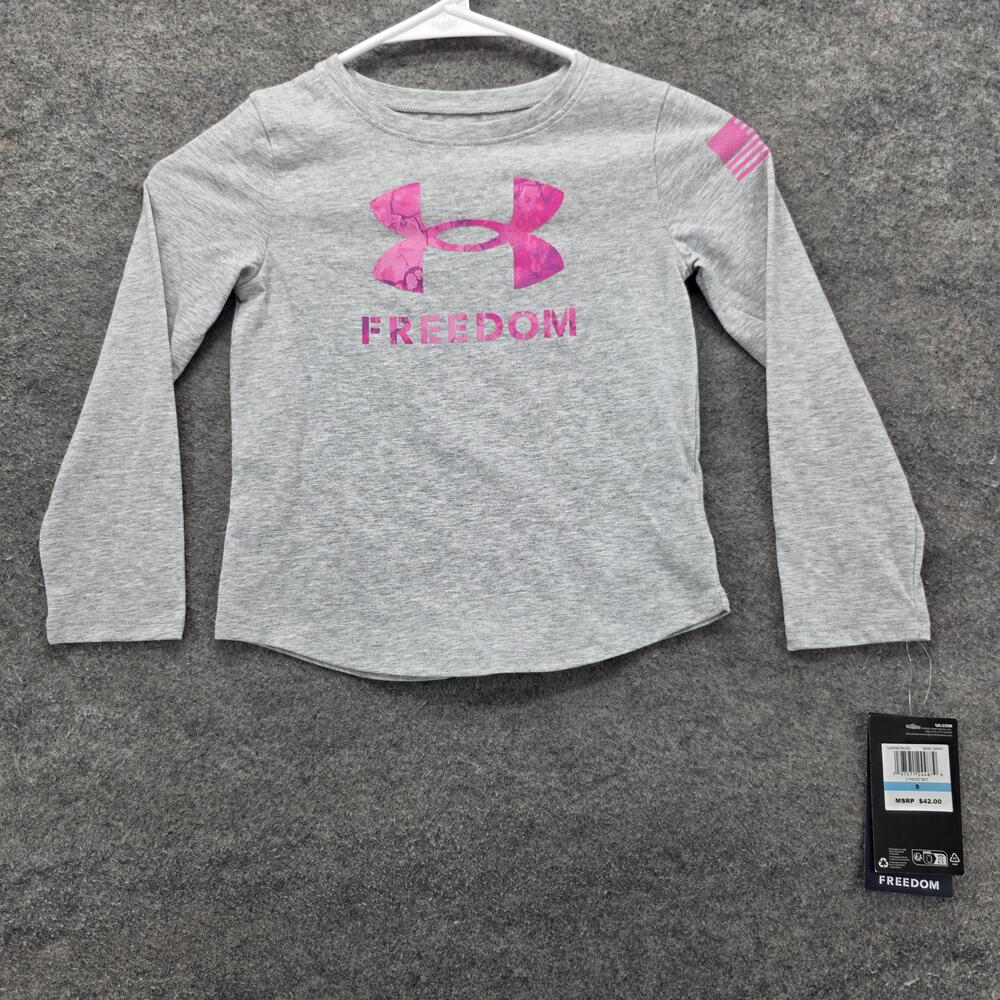 Under Armour Shirt Youth 5 Gray Long Sleeve Pink Freedom Logo Graphic Crewneck